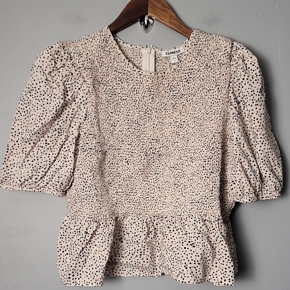 Express Cream Peplum Linen Blend Puff Sleeves Peter Pan Collar Cropped Top